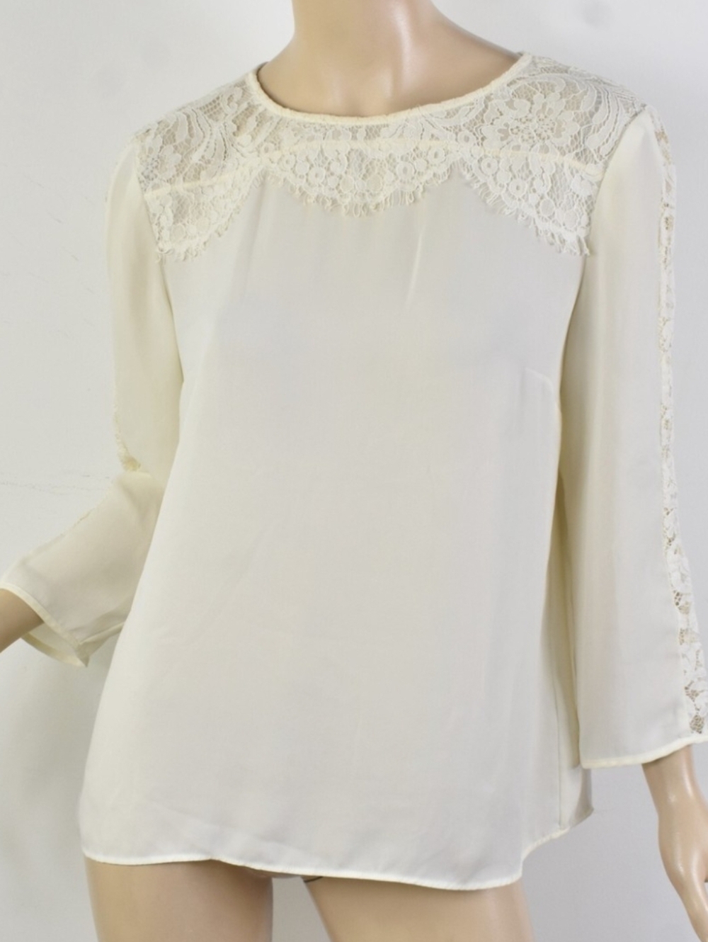 TALBOTS Ivory Bridal Lace Blouse Semi-Sheer Georgette Top, Size L